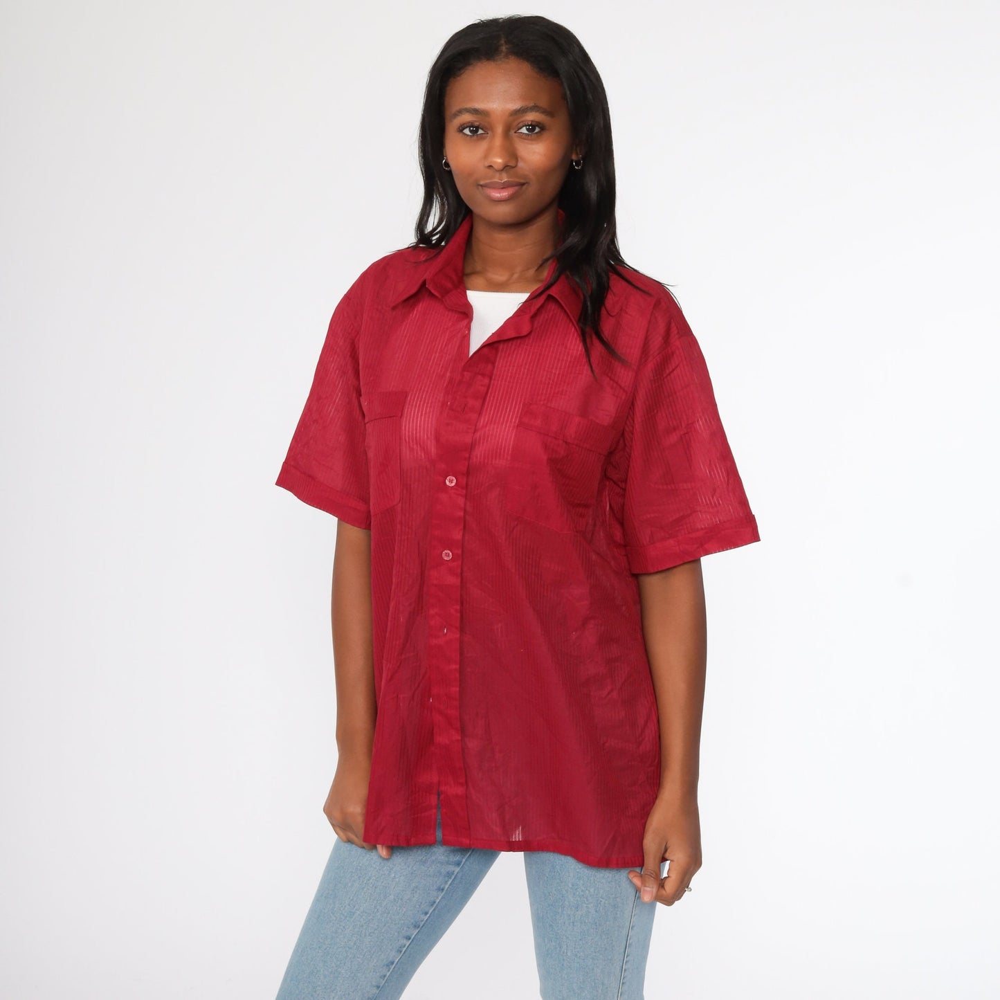 70s Red Sheer Button-Up Shirt Dagger Collar Short Sleeve Extra Large