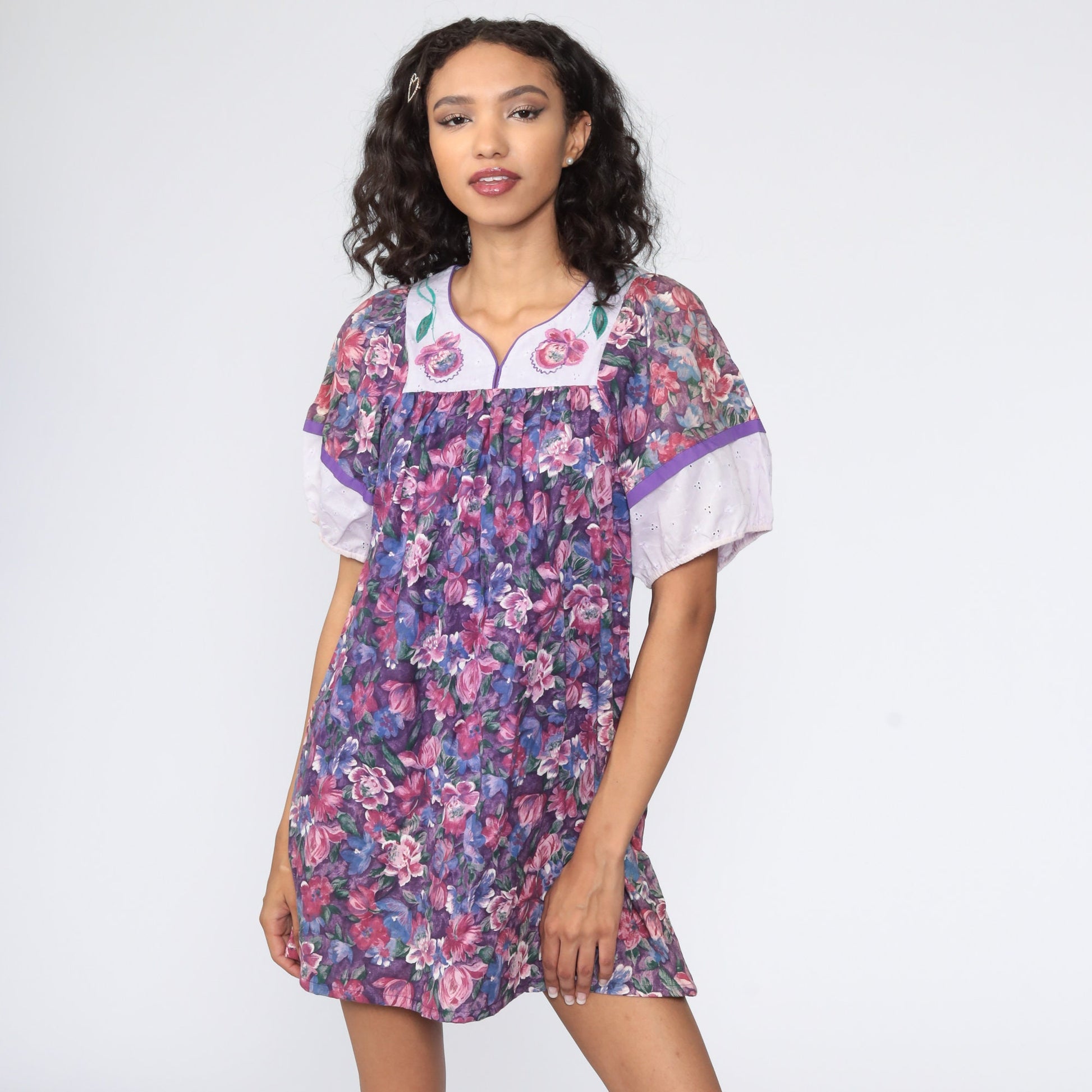 80s Floral Purple Mini Dress Eyelet Lace Tent Cut Small