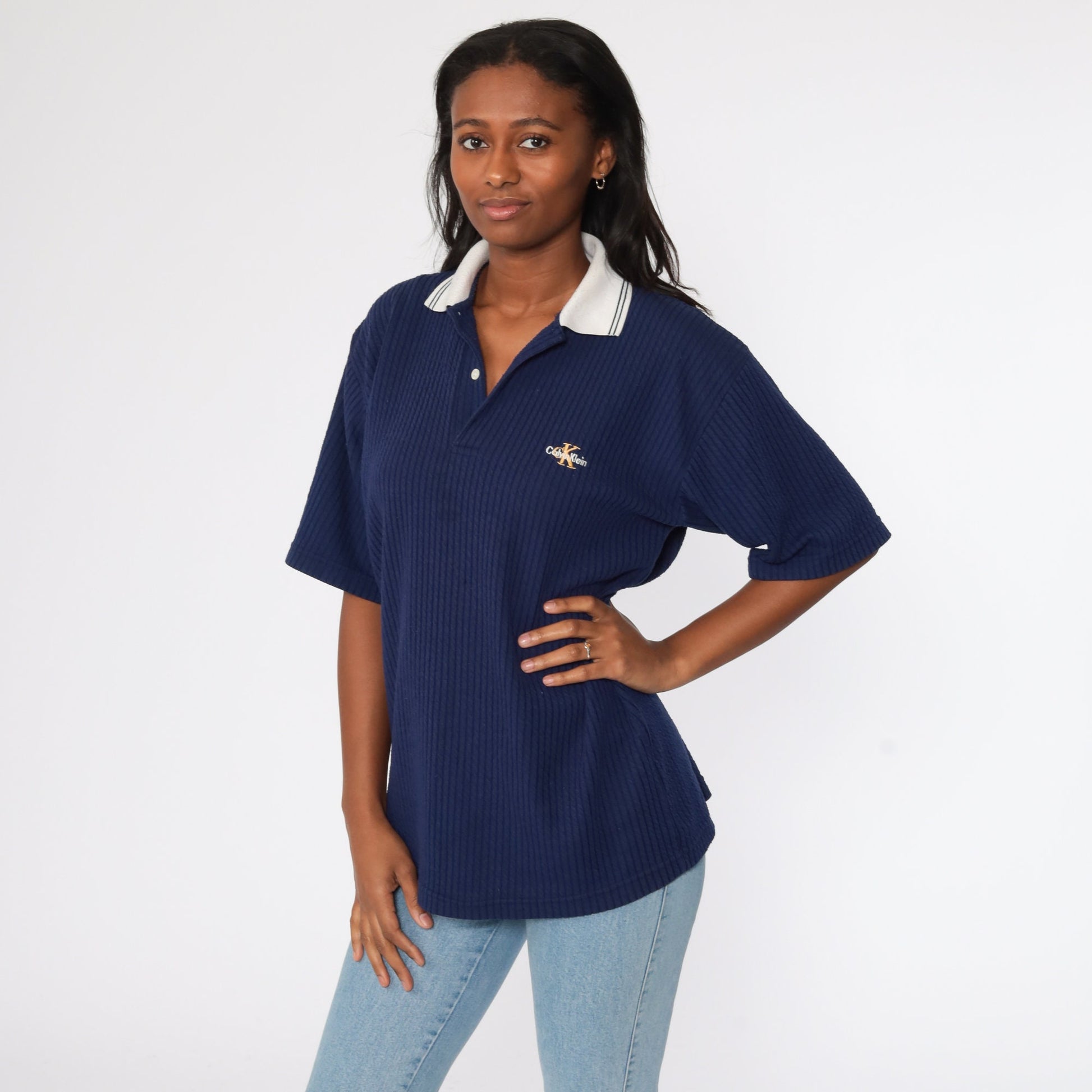 Calvin Klein 90s Polo Shirt Navy Blue Cotton Blend Large