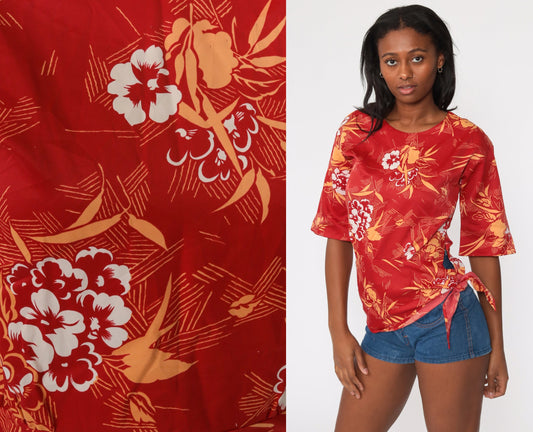70s Hawaiian Floral Tunic Top Red Print Tie Waist Shirt Small