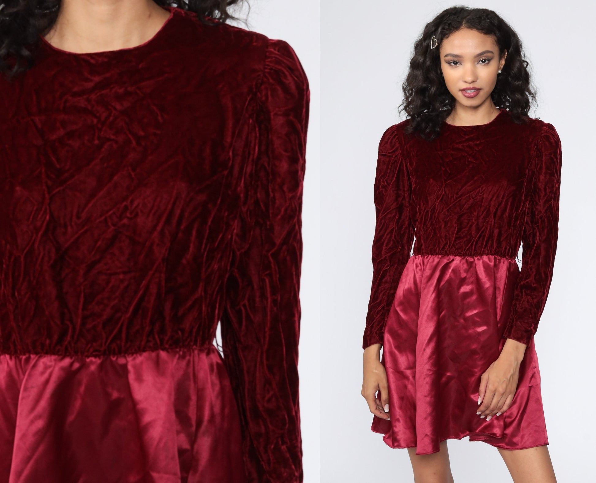 70s Red Velvet Mini Dress Puff Sleeve High Waist Party Medium