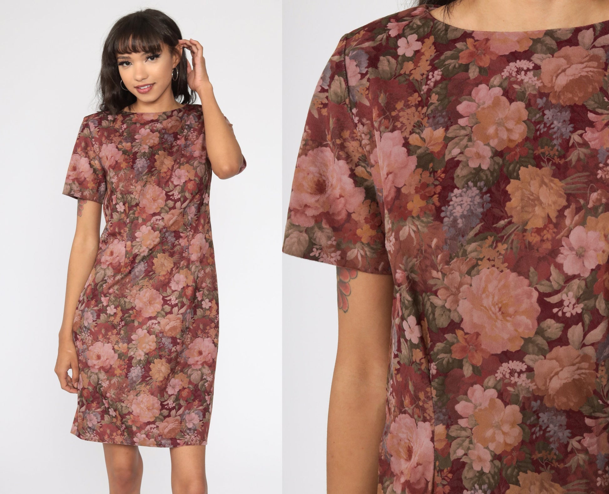 90s Floral Mini Dress Burgundy Shift Faux Suede Short Sleeve Medium