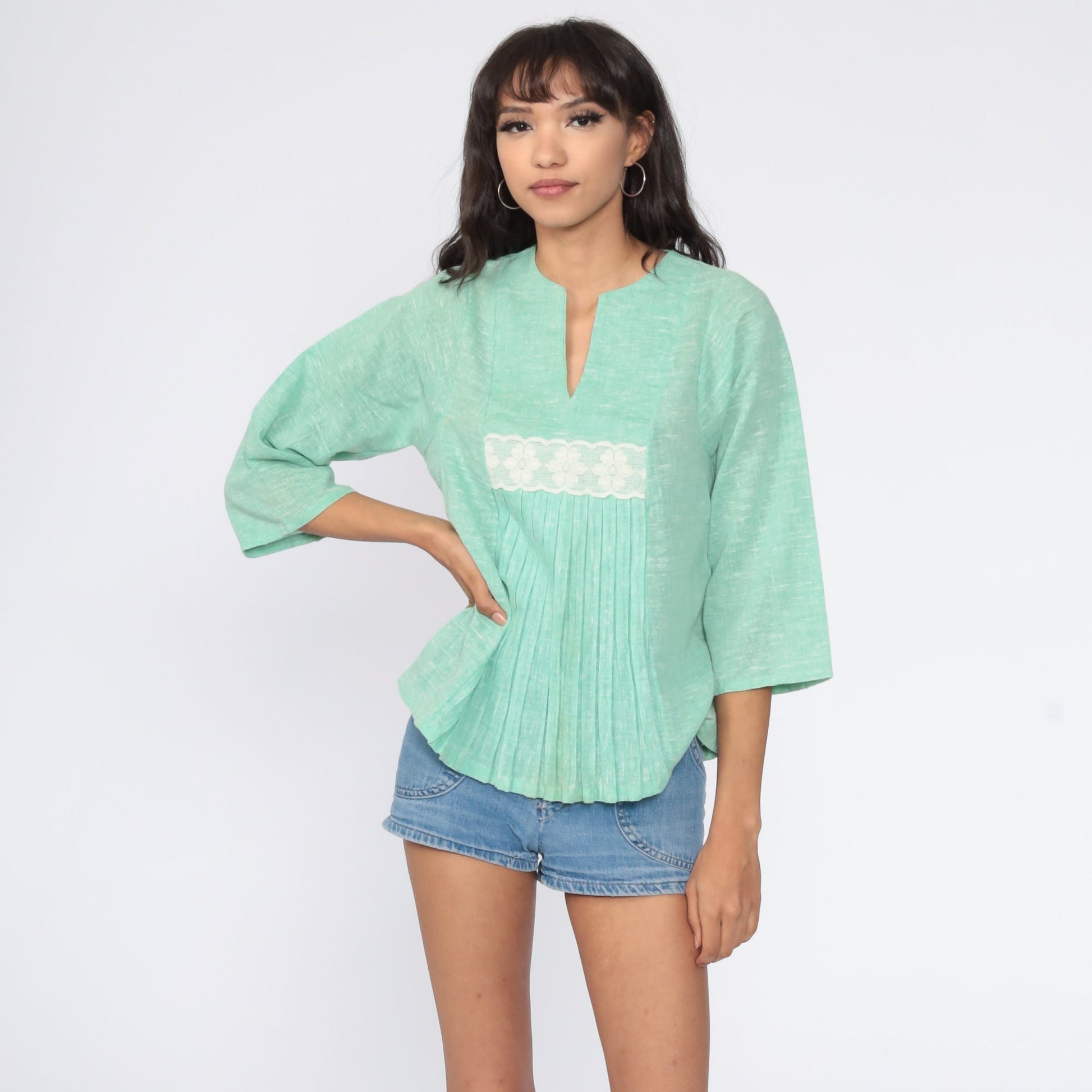 70s Mint Green Cotton Gauze Tunic Bell Sleeve Lace Trim Blouse Small