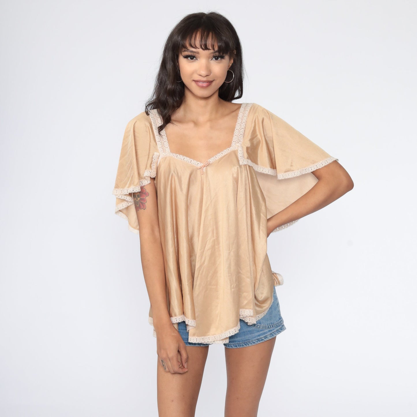 70s Tan Flutter Sleeve Tent Top Tunic Blouse Extra Small