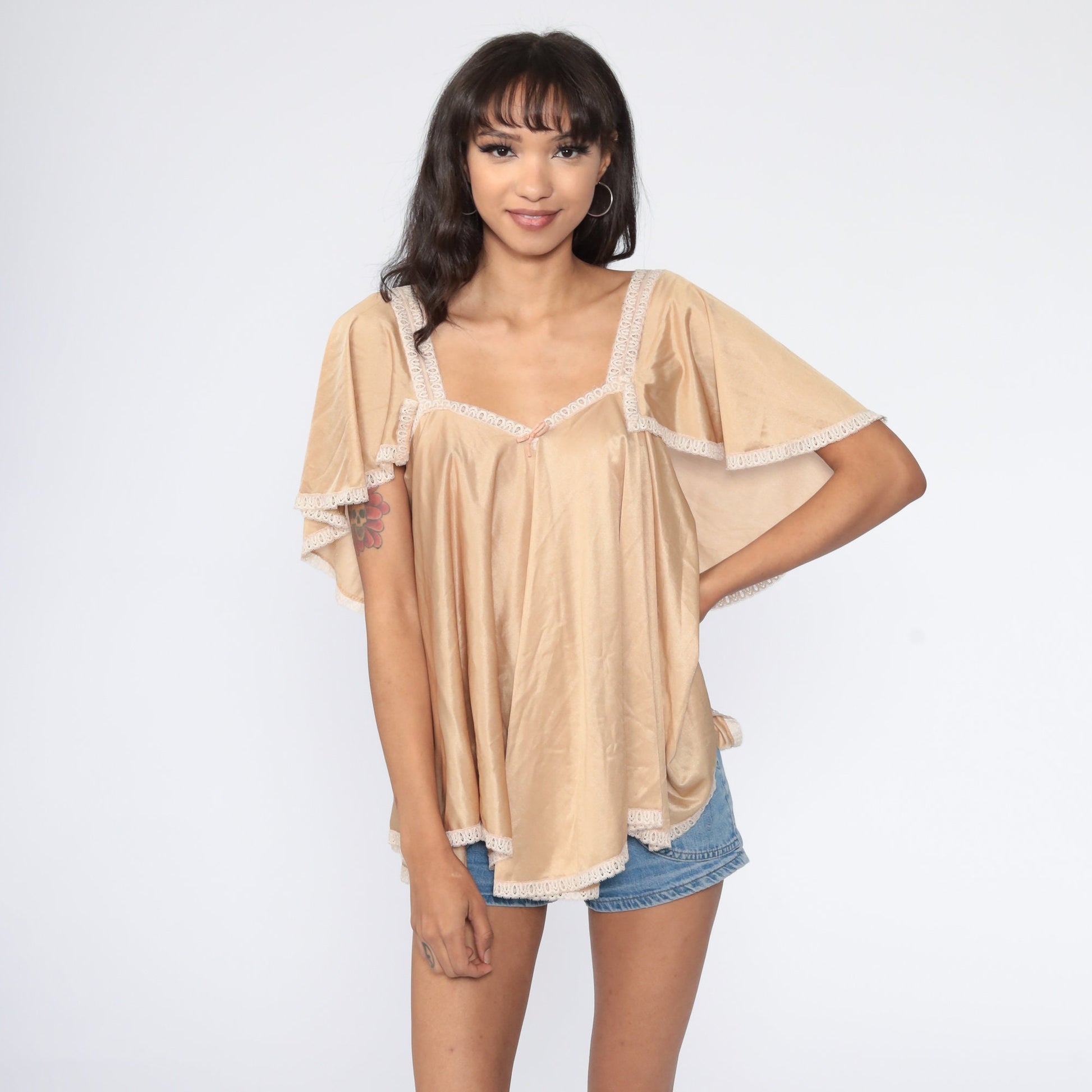 70s Tan Flutter Sleeve Tent Top Tunic Blouse Extra Small
