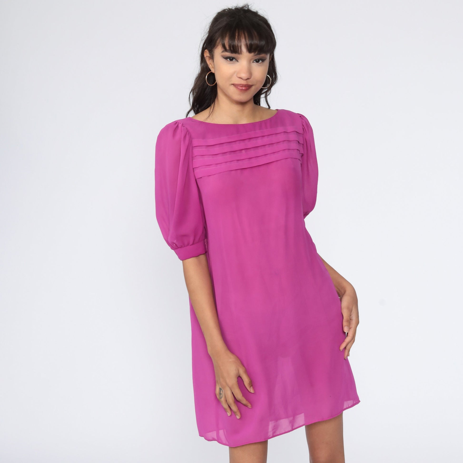80s Purple Sheer Shift Dress Puff Sleeve Chiffon Medium