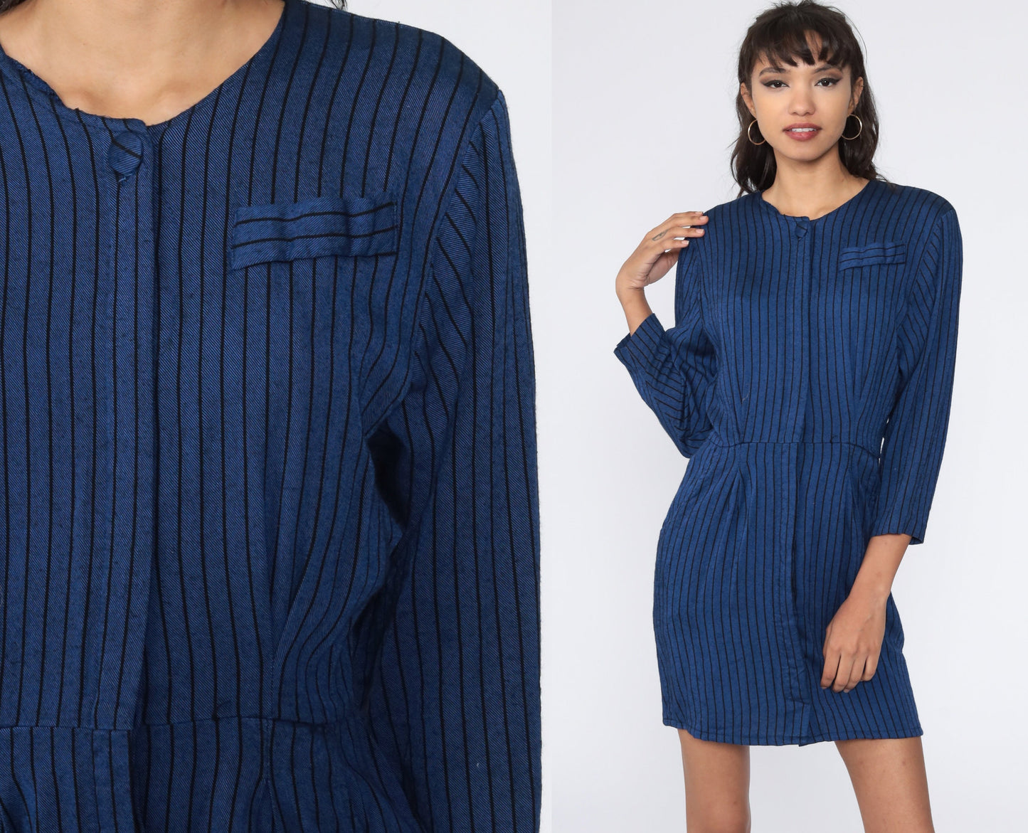 70s Blue Striped Button-Up Mini Dress High Waist Shirtdress Small S