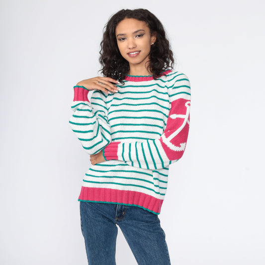 90s Nautical Anchor Striped Knit Sweater White Green Small