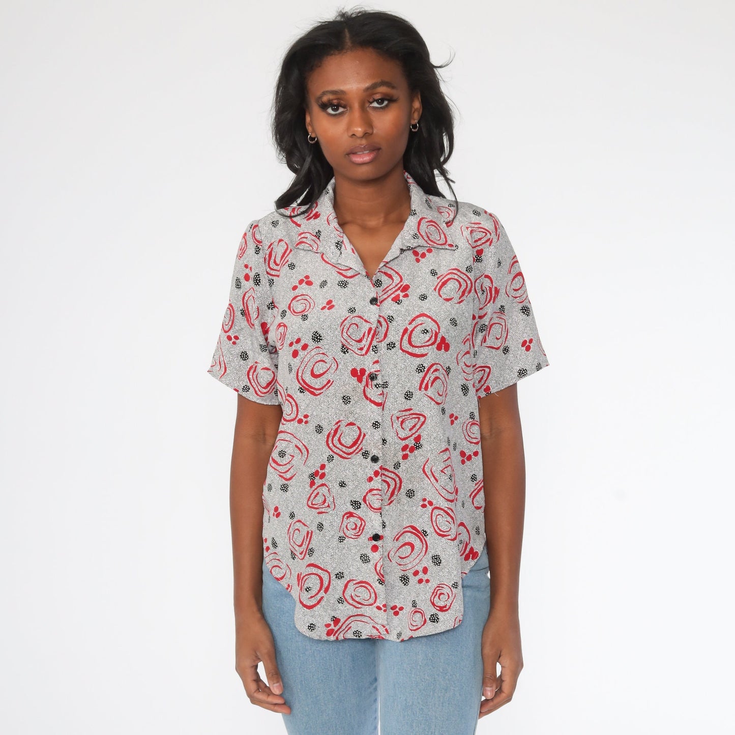 90s Abstract Floral Polka Dot Button Up Shirt Red Black Short Sleeve Medium