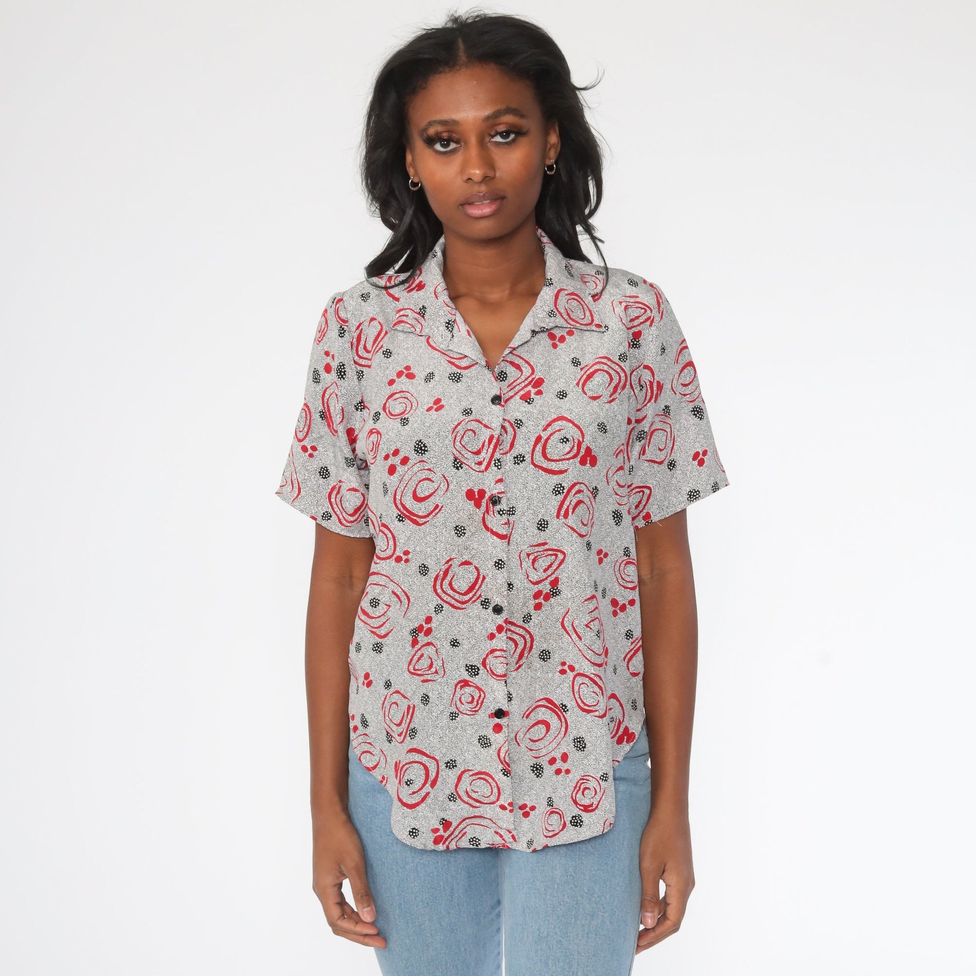 90s Abstract Floral Polka Dot Button Up Shirt Red Black Short Sleeve Medium