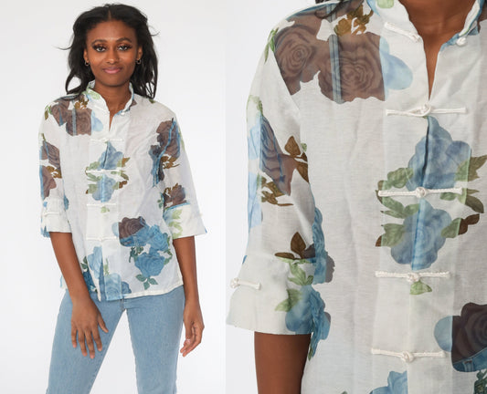 90s Floral Mandarin Collar Blouse White Button-Up Sheer 3/4 Sleeve Medium