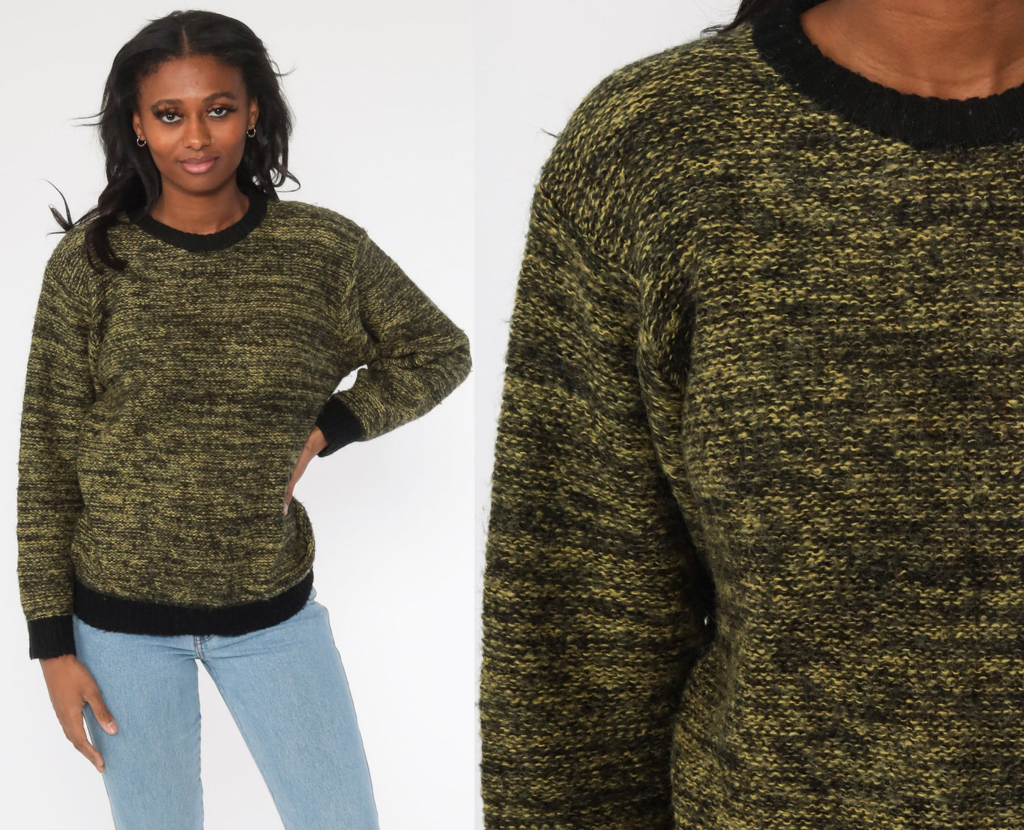80s Space Dye Wool Blend Sweater Yellow-Green Crewneck Pullover Medium