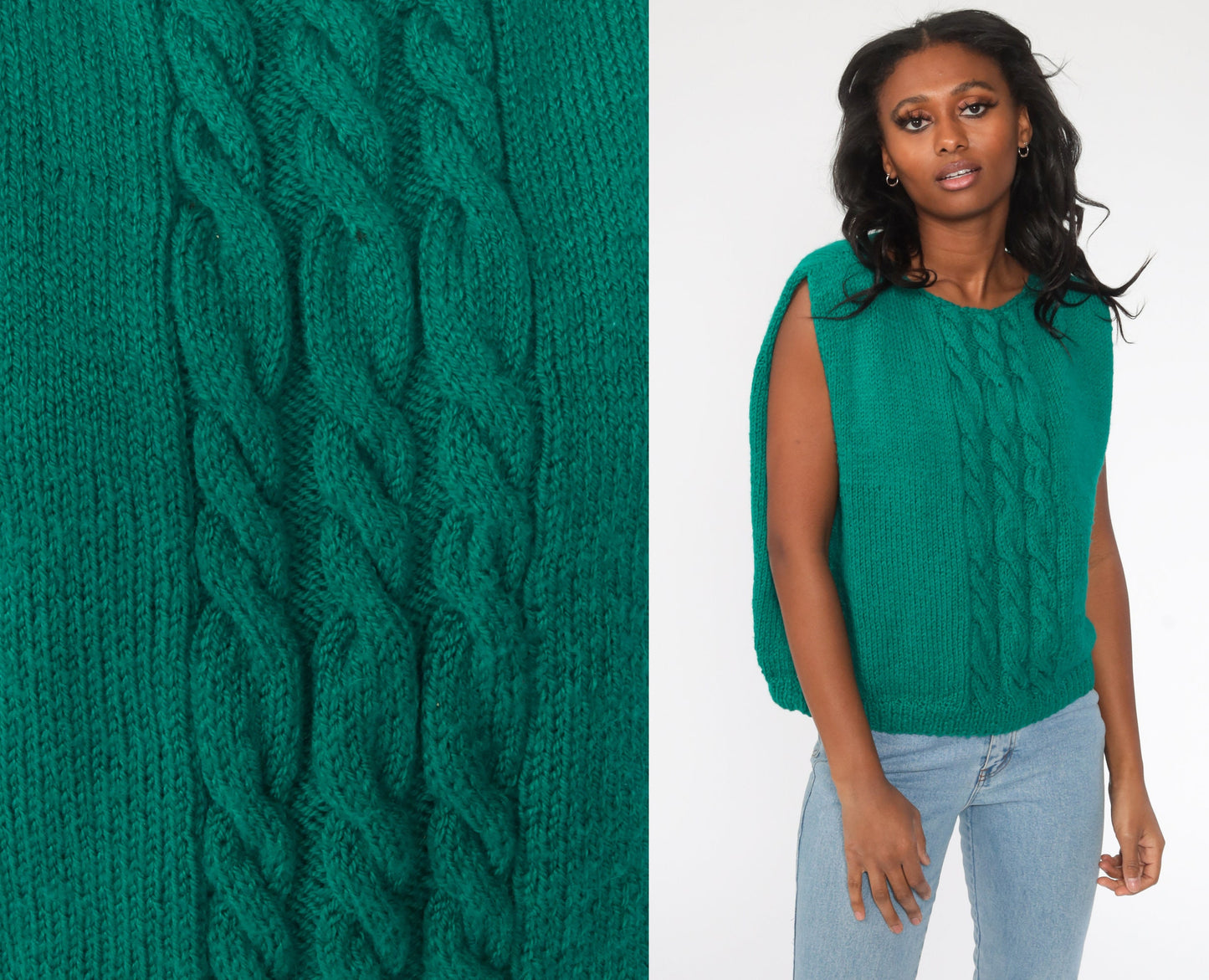 80s Cable Knit Sweater Vest Green Sleeveless Tank Large