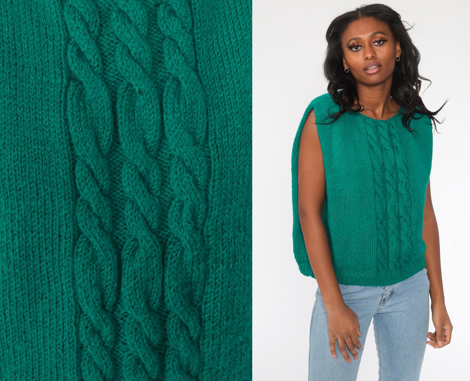80s Cable Knit Sweater Vest Green Sleeveless Tank Large