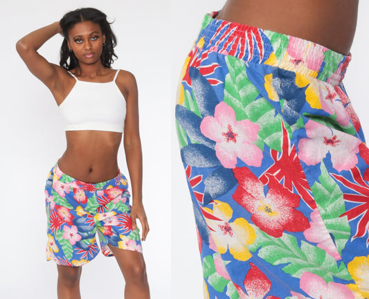 90s Tropical Floral High-Waist Shorts Cotton Blue Extra Large XXL