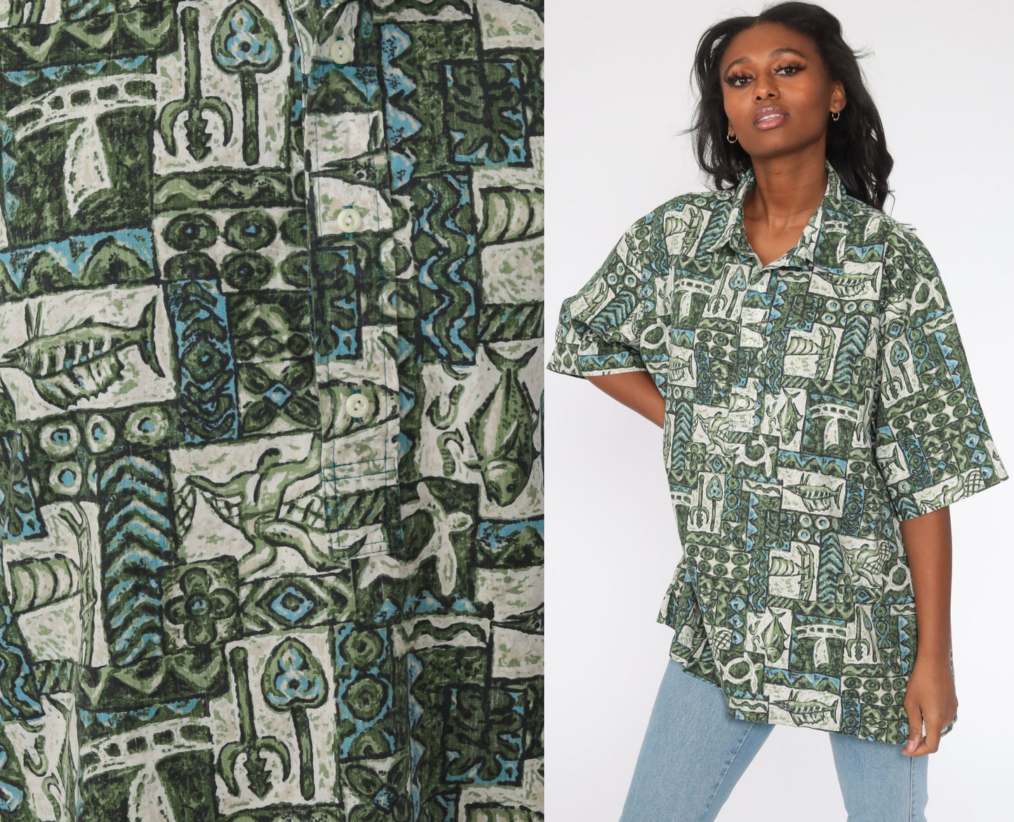90s Tropical Fish Print Hawaiian Shirt Cotton Button Up Plus Size XXL