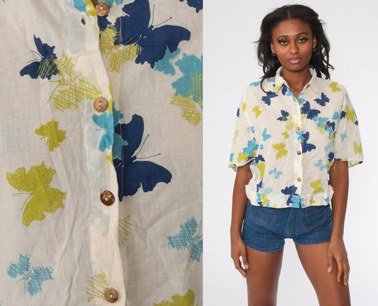 00s Tropical Butterfly Button Up Shirt Beige Blue Cotton Large
