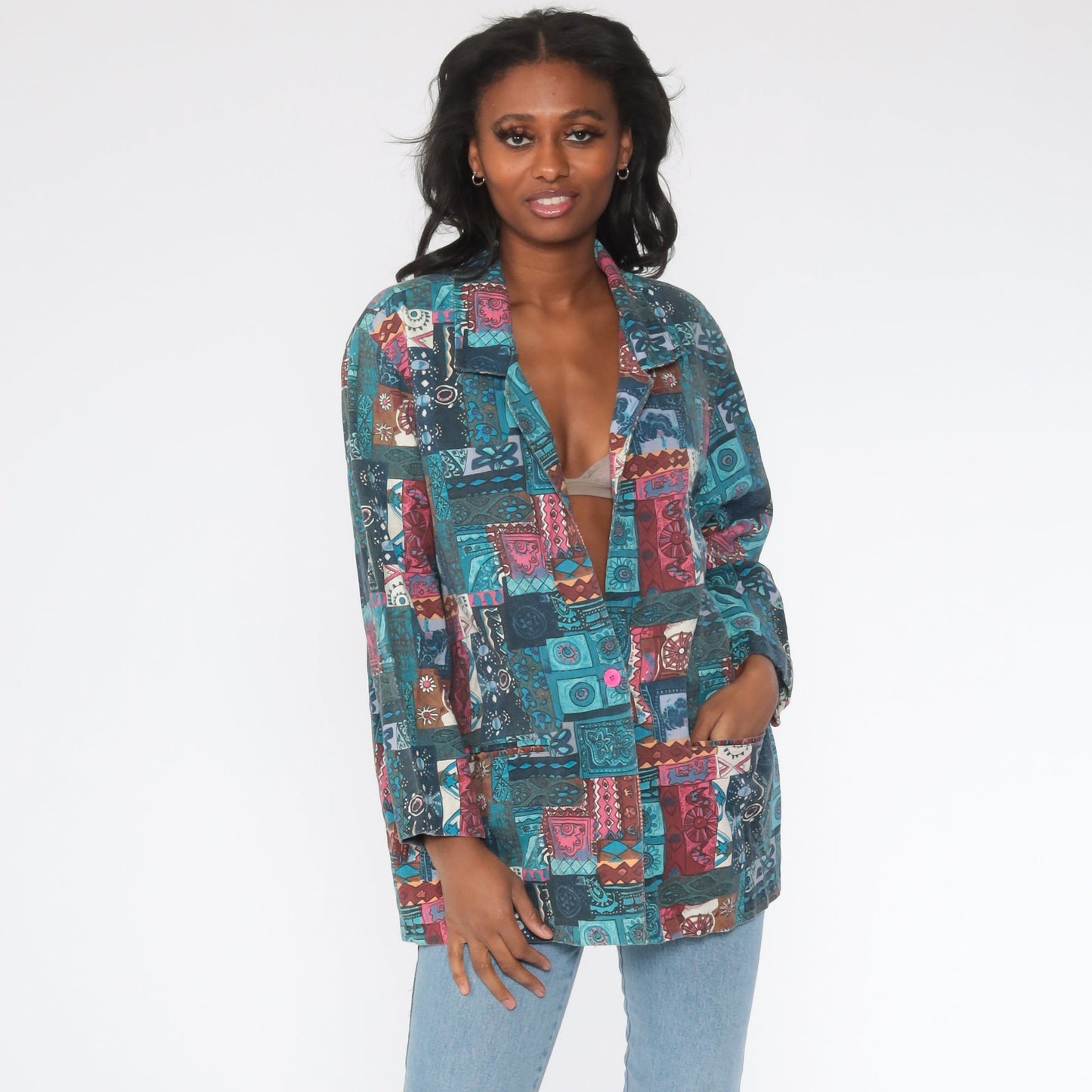 90s Blair Patchwork Floral Blazer Blue Extra Large XXL