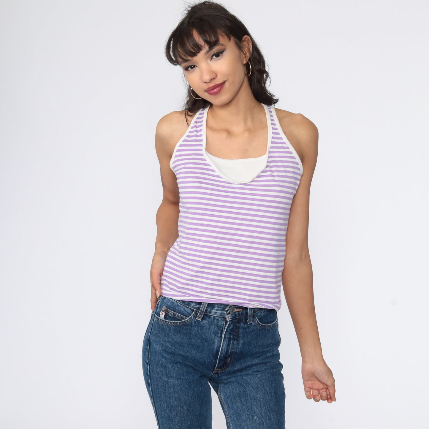 Y2K Lavender Striped Racerback Tank Top 00s Sleeveless Small S