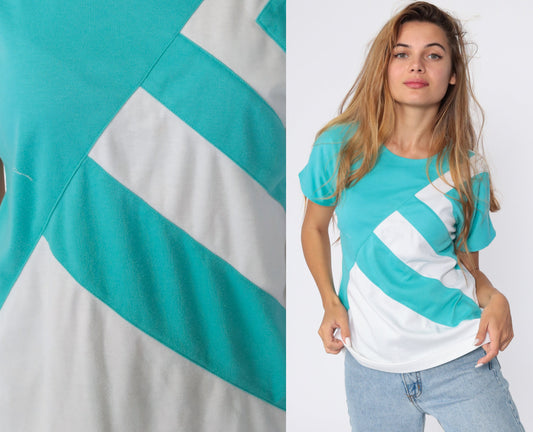 80s Turquoise White Striped T-Shirt Cap Sleeve Colorblock Top Medium