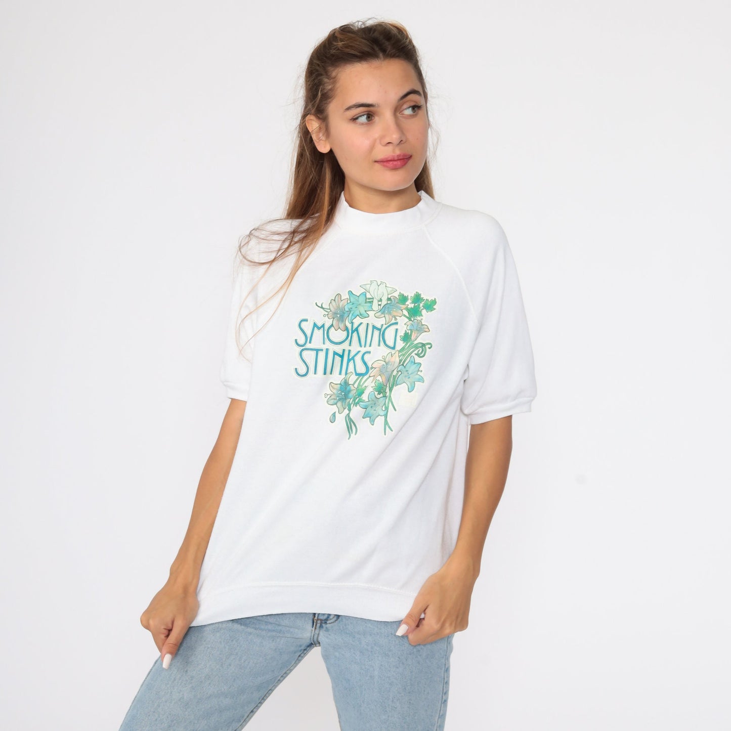 80s Smoking Stinks Graphic Sweatshirt Short Sleeve Raglan Small S