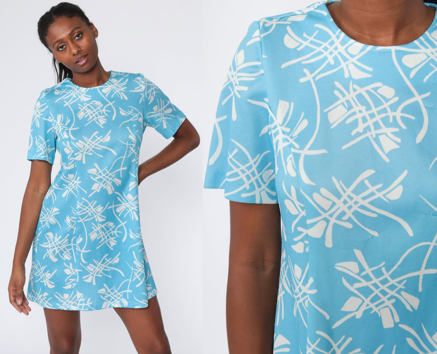 70s Abstract Print Mini Shift Dress Blue Sheath Cut Large