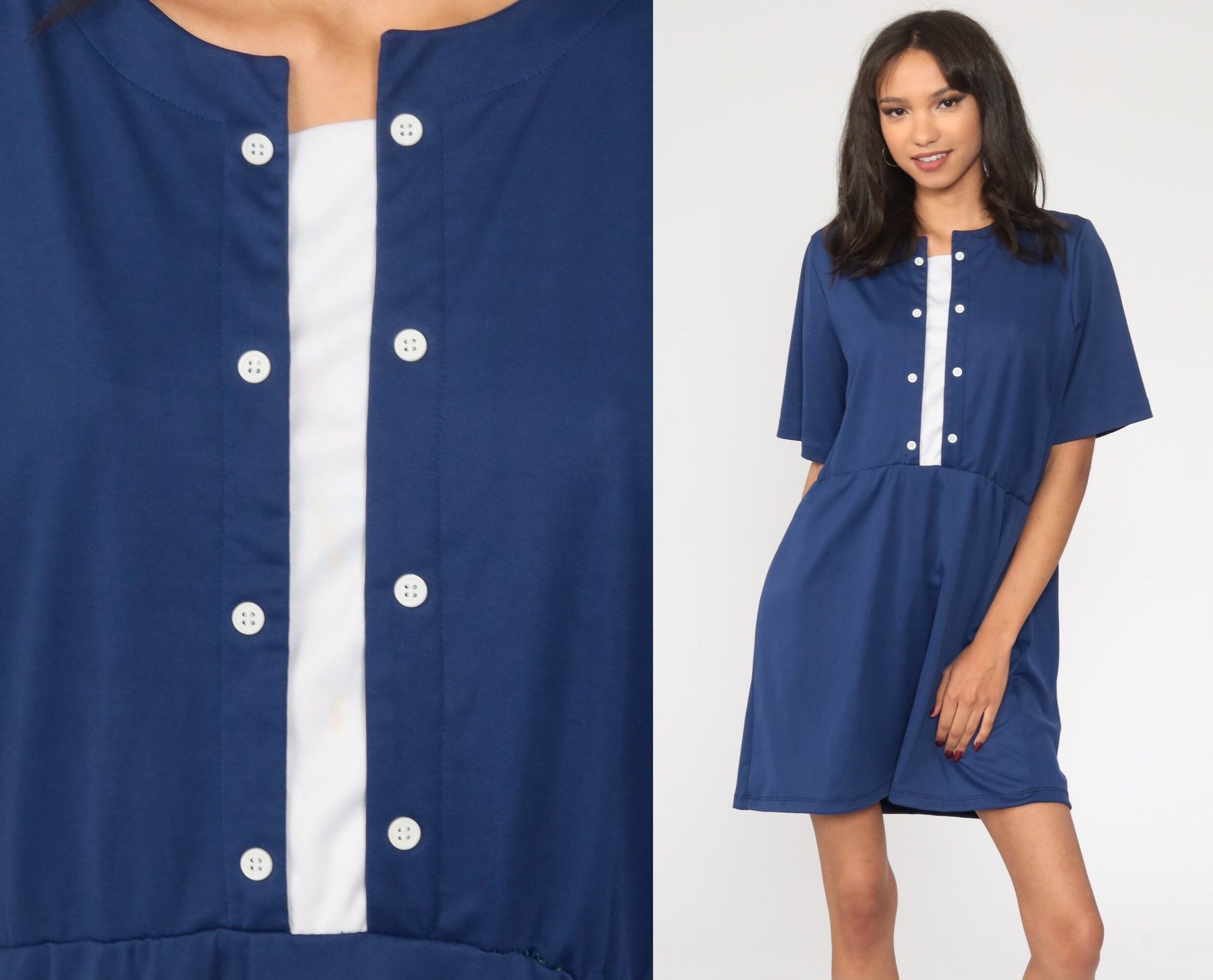 80s Dark Blue High-Waisted Mini Dress Button-Up Short Sleeve Extra Large XXL