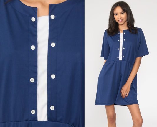 80s Dark Blue High-Waisted Mini Dress Button-Up Short Sleeve Extra Large XXL