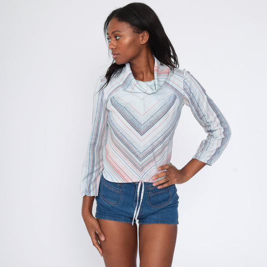 70s Chevron Striped Cowl Neck Blouse Blue Long Sleeve Small