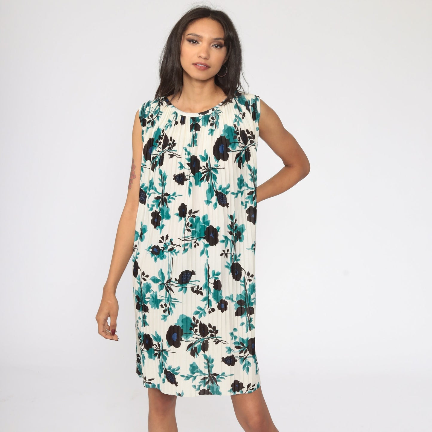 70s Floral Shift Dress Pleated Mini Sleeveless Off-White Blue Large