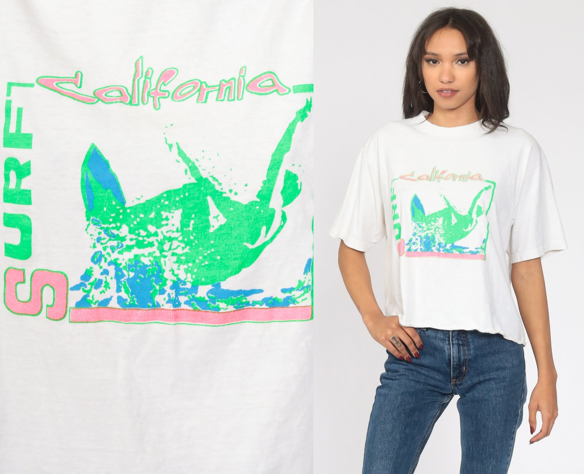 90s Neon Surfer Graphic T-Shirt California White Green Crop Large L