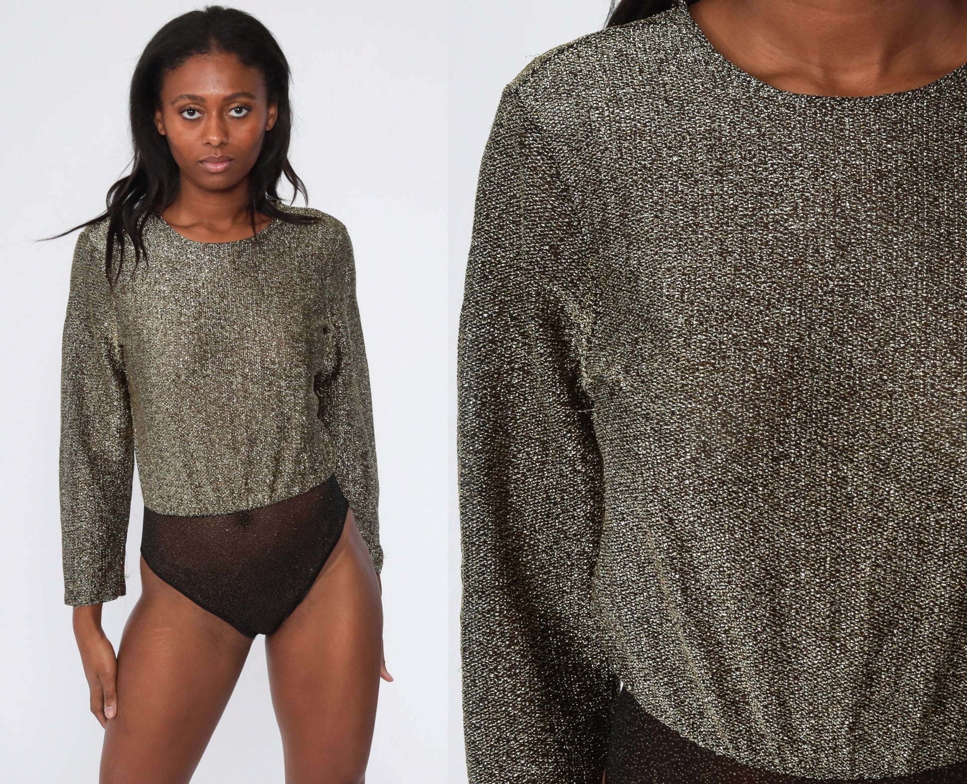 80s Victoria's Secret Metallic Gold Bodysuit Long Sleeve Blouson Small