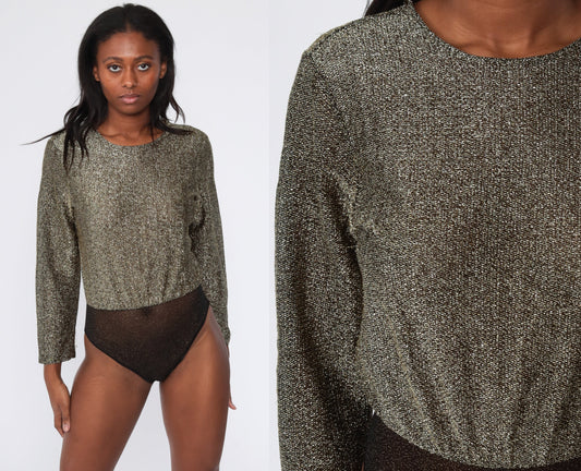 80s Victoria's Secret Metallic Gold Bodysuit Long Sleeve Blouson Small
