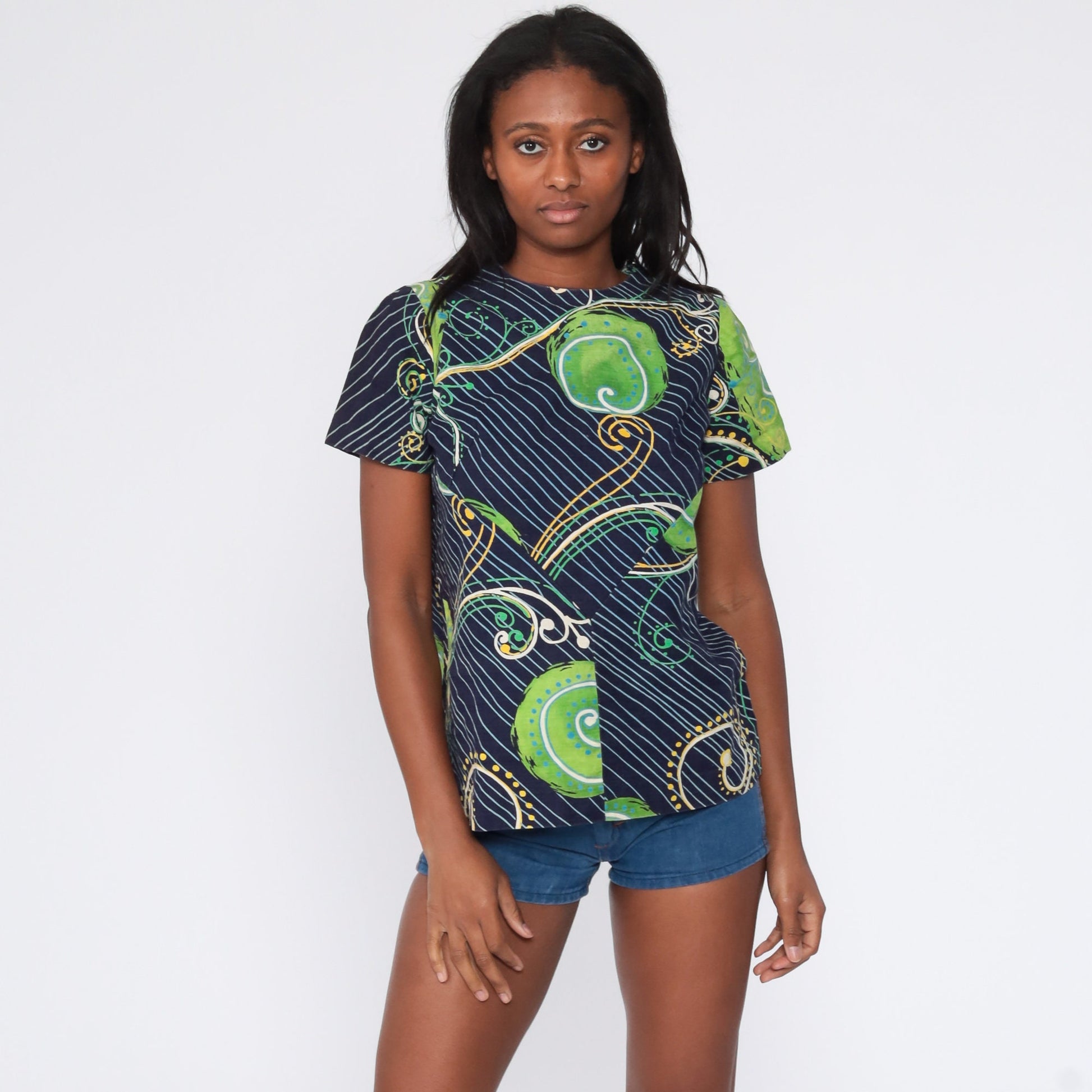 70s Psychedelic Swirl Print Tunic Blouse Dark Blue Short Sleeve Medium