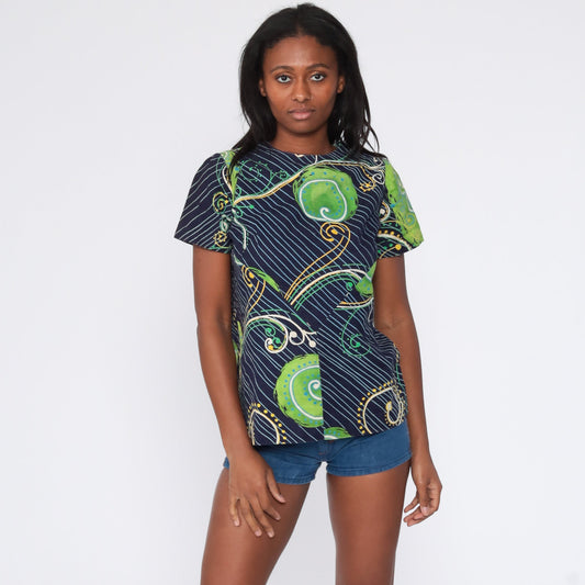 70s Psychedelic Swirl Print Tunic Blouse Dark Blue Short Sleeve Medium