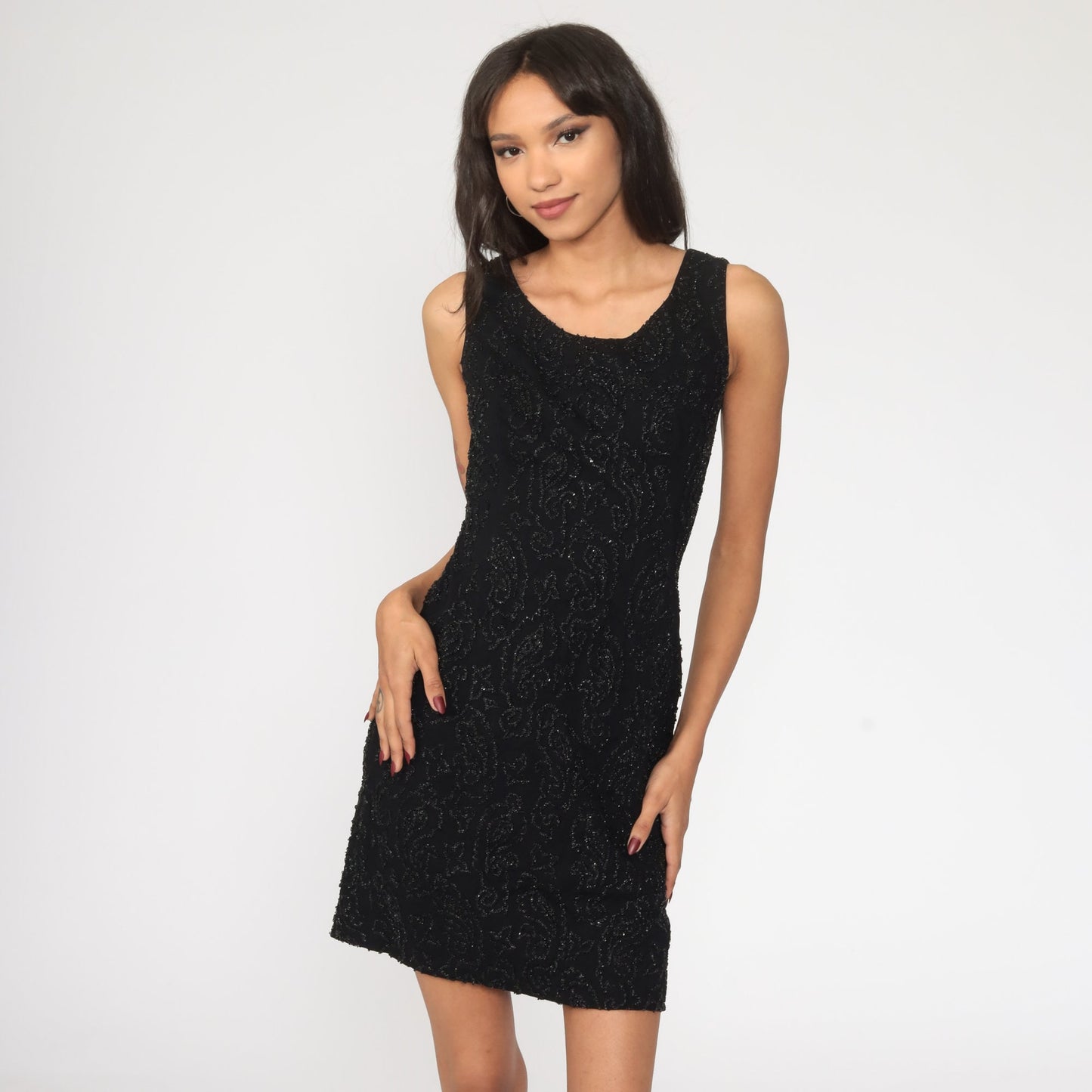 60s Black Beaded Mini Dress Sheath Sleeveless Cocktail Extra Small