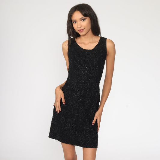 60s Black Beaded Mini Dress Sheath Sleeveless Cocktail Extra Small