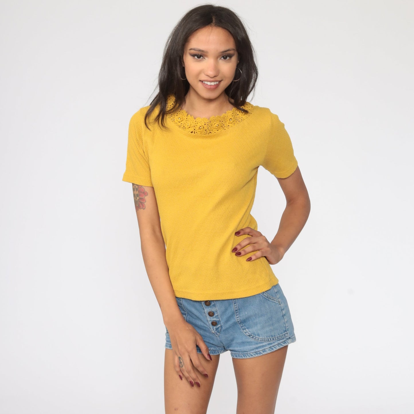 80s Mustard Yellow Crochet Trim Blouse Cotton Short Sleeve Small