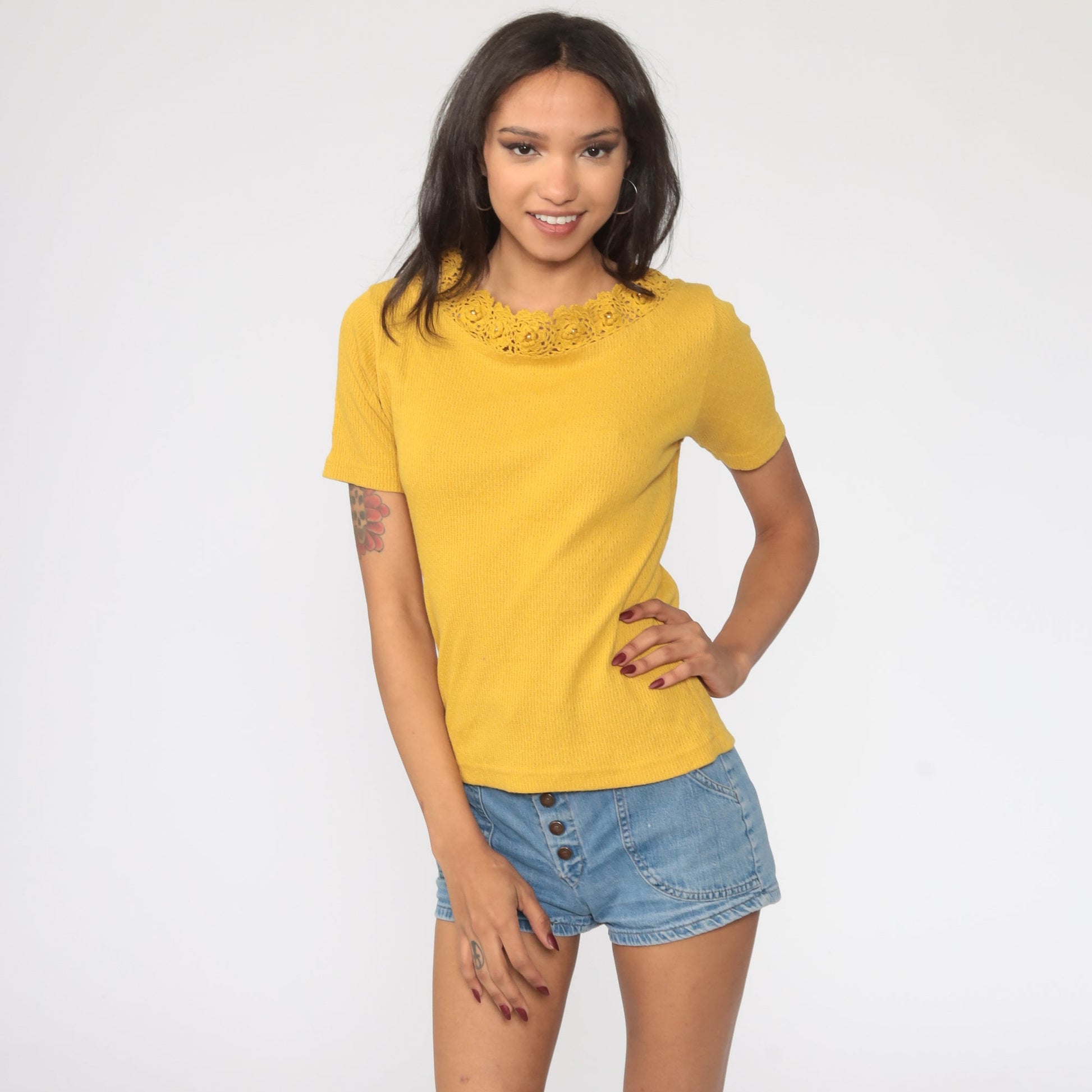 80s Mustard Yellow Crochet Trim Blouse Cotton Short Sleeve Small