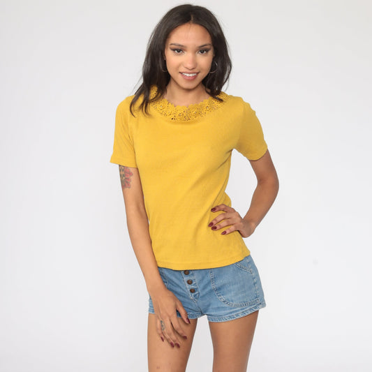 80s Mustard Yellow Crochet Trim Blouse Cotton Short Sleeve Small