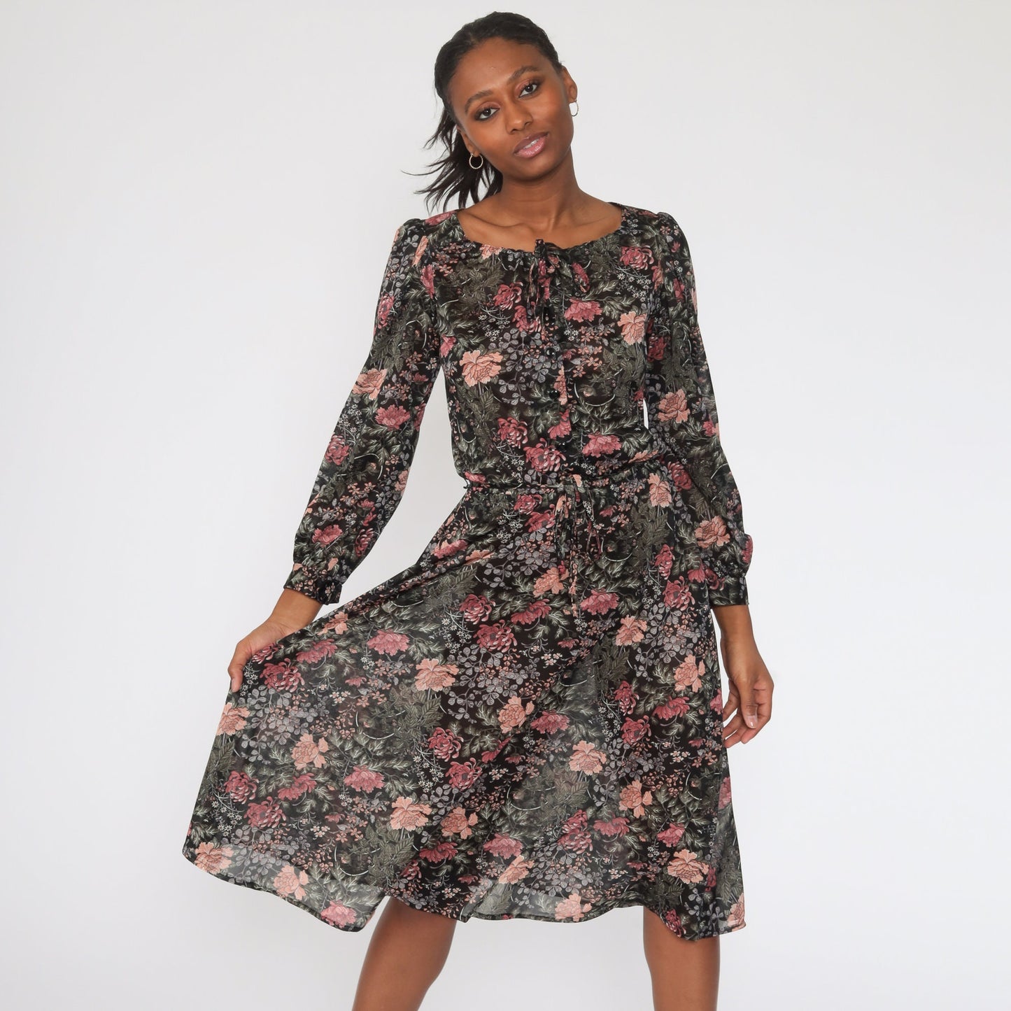 70s Floral Midi Dress Puff Sleeve Button-Up High Waist Semi-Sheer Small