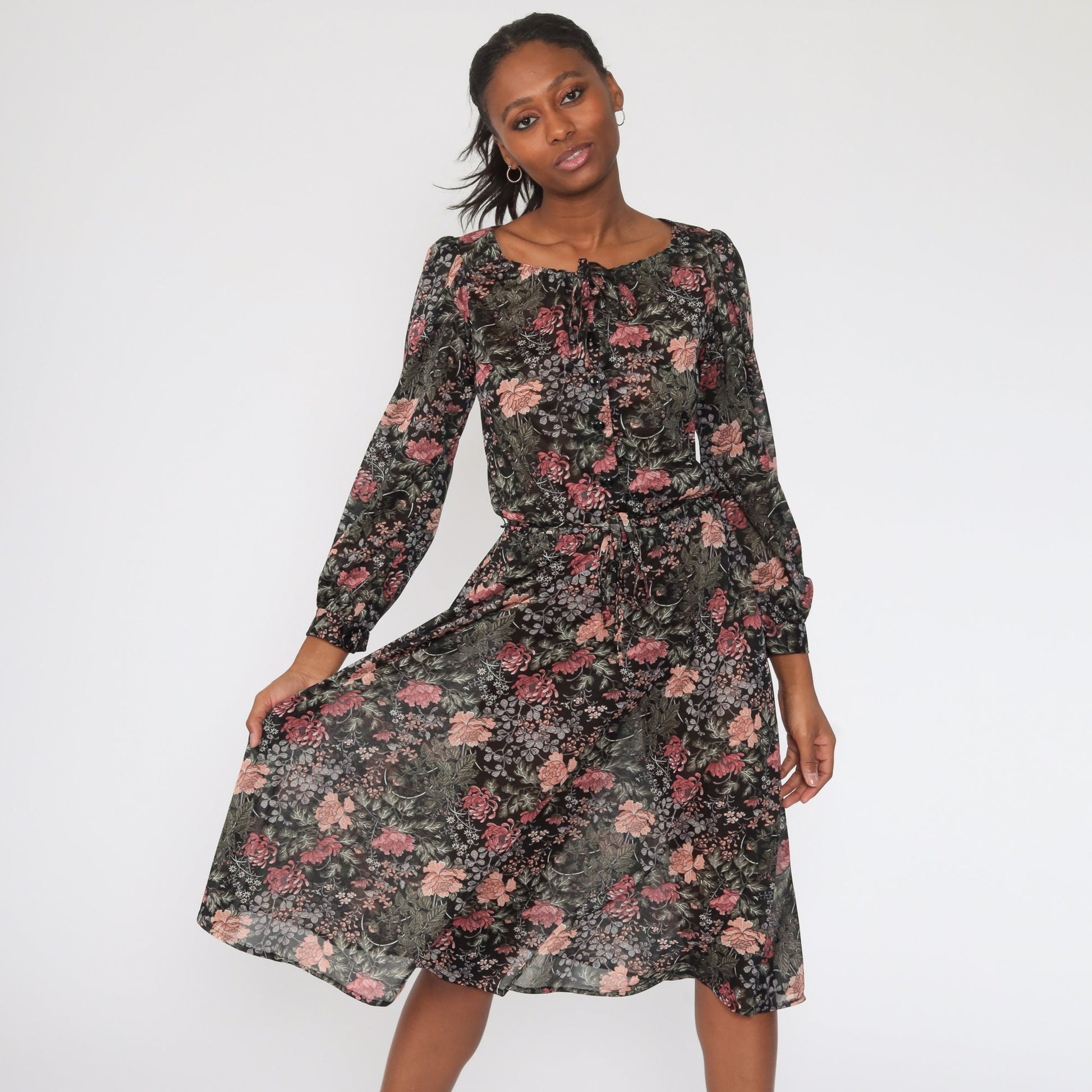 70s Floral Midi Dress Puff Sleeve Button-Up High Waist Semi-Sheer Small
