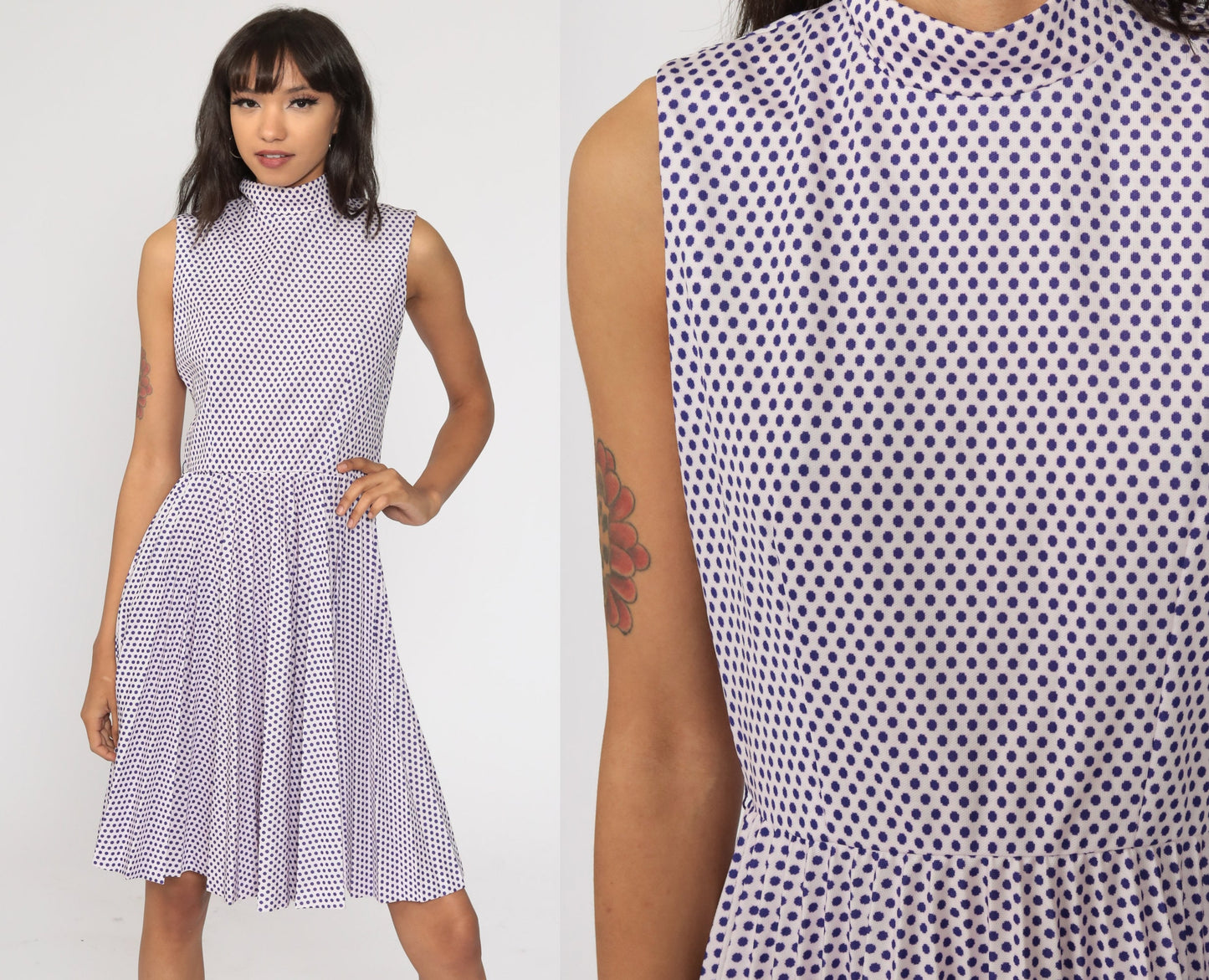 1970s Purple Polka Dot Midi Dress High Waist Pleated Mock Neck Pink Small