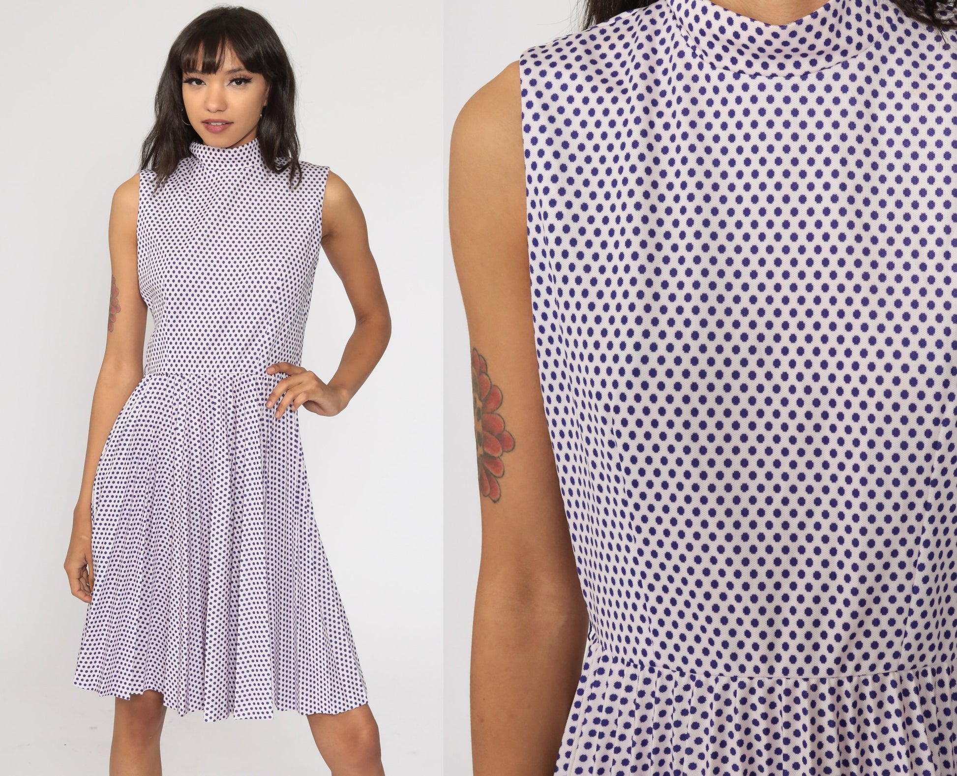 1970s Purple Polka Dot Midi Dress High Waist Pleated Mock Neck Pink Small