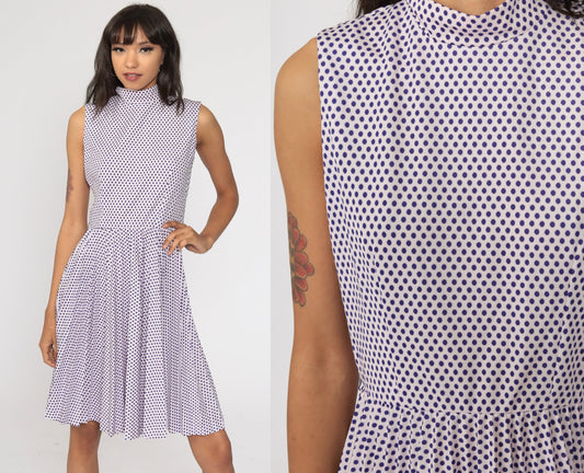 1970s Purple Polka Dot Midi Dress High Waist Pleated Mock Neck Pink Small