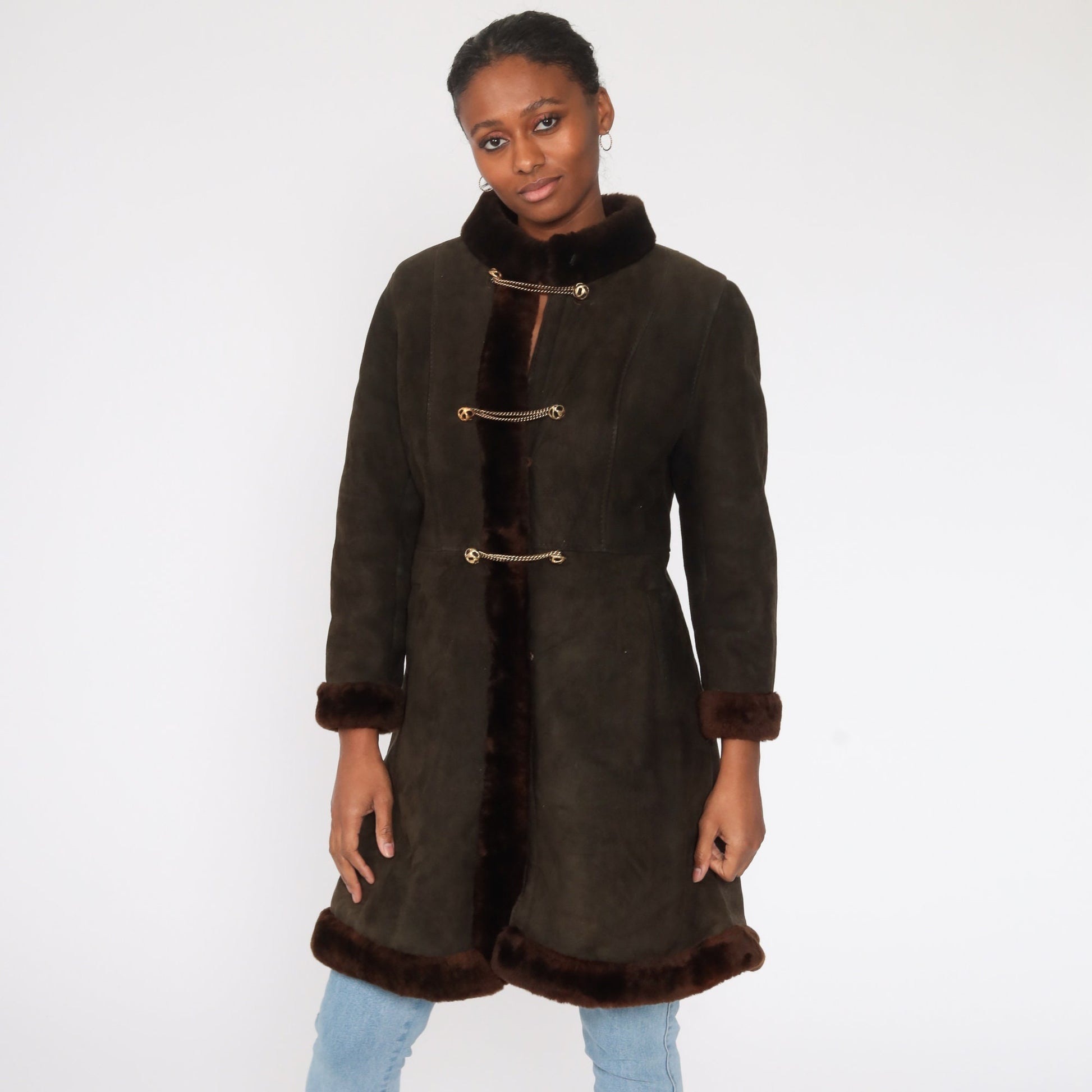 80s Brown Suede Coat Fur Lined Long Jacket Small