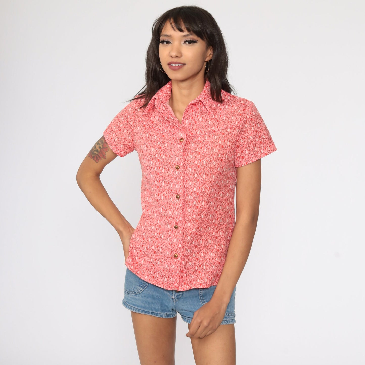 70s Orange Dagger Collar Button-Up Shirt Short Sleeve Small