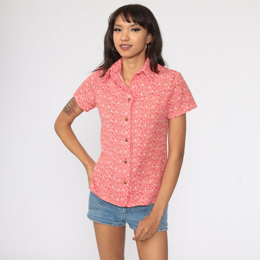 70s Orange Dagger Collar Button-Up Shirt Short Sleeve Small