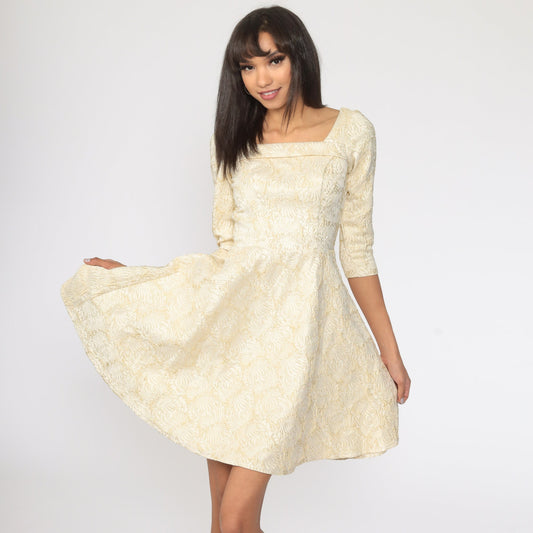 1960s Gold Brocade Mini Dress Fit and Flare Cocktail Party Extra Small XS