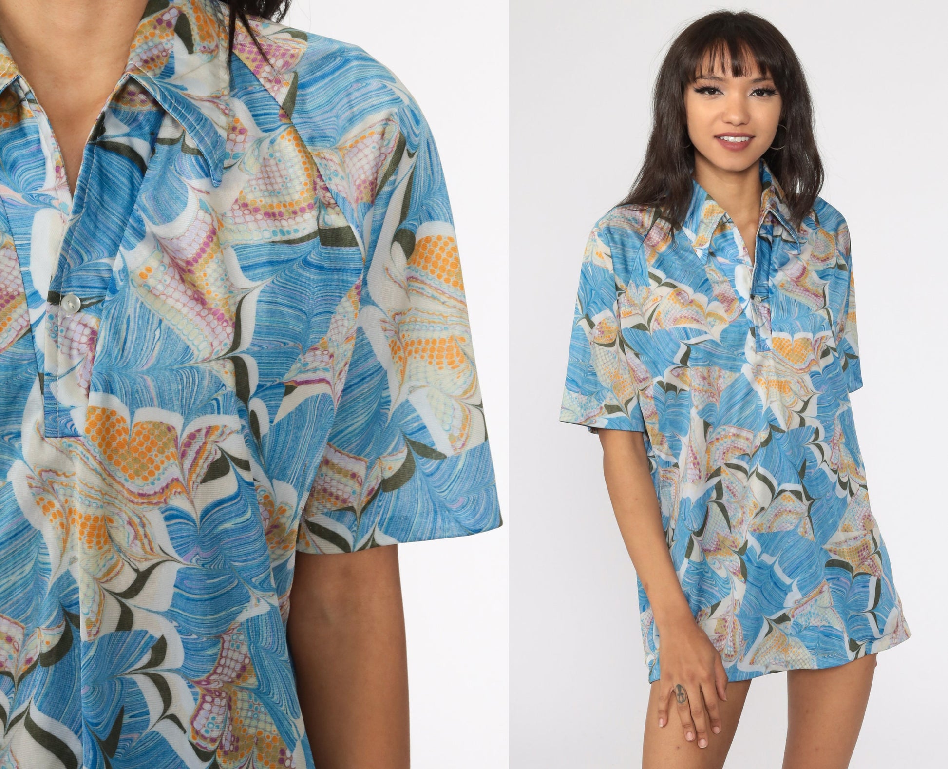 70s Psychedelic Acid Print Button Up Shirt Blue Large